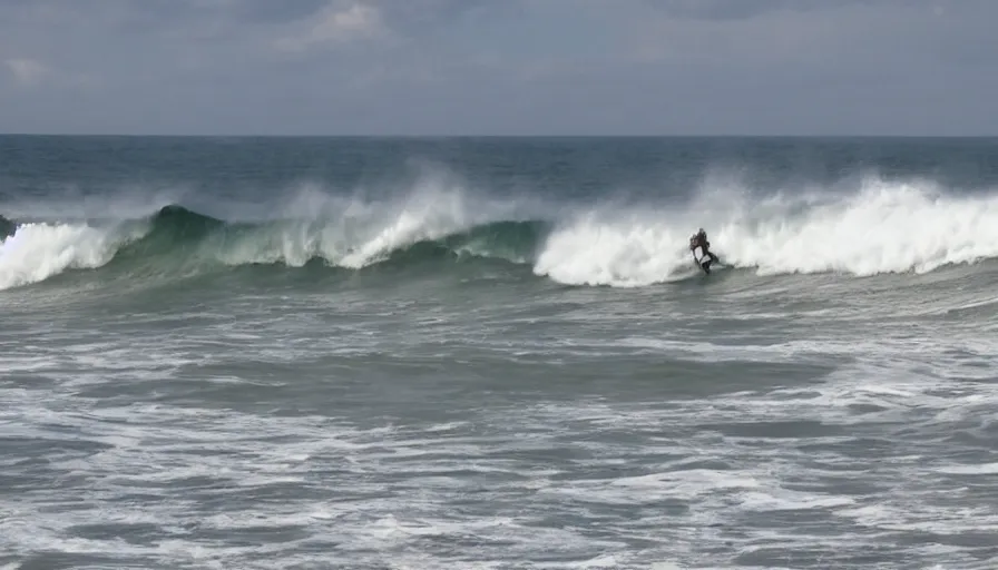 Image similar to big wave surfing, sandy beach in foreground