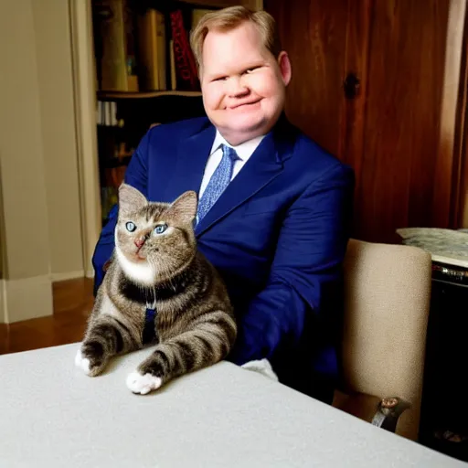 Image similar to Andy Richter wearing a blue dress shirt, necktie, navy dress pants sitting in a chair petting a calico cat