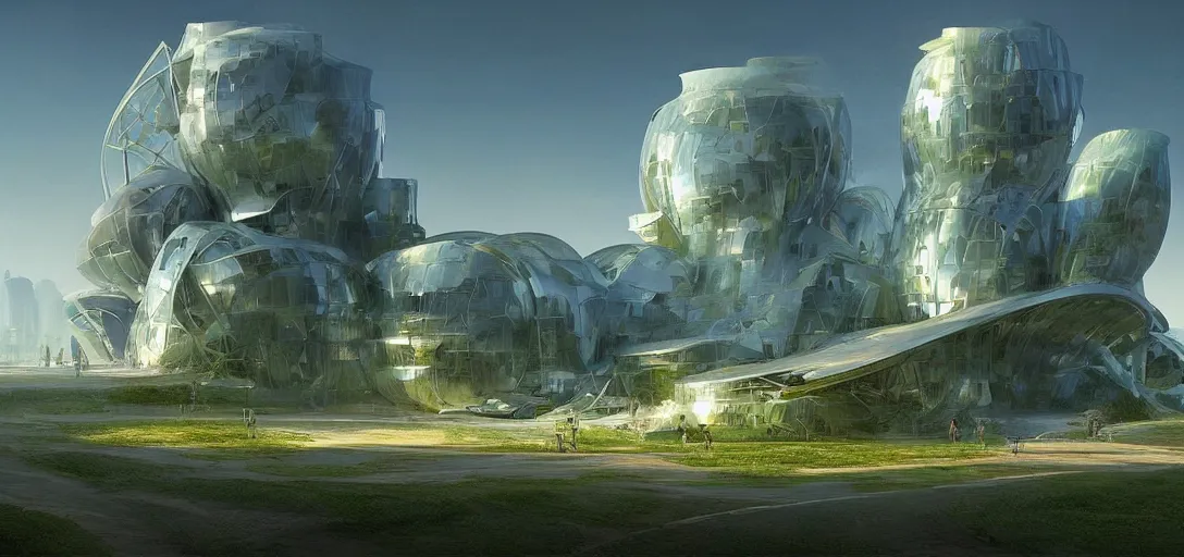 Image similar to a futuristic solarpunk biome, designed by frank gehry, sci - fi, digital art by paul chadeisson