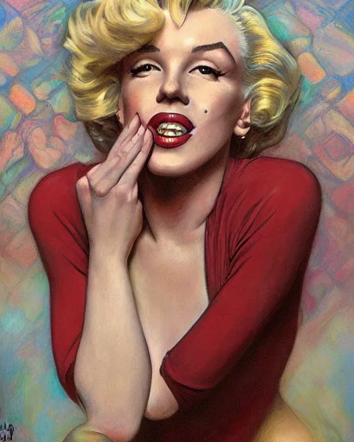 Image similar to portrait of Marilyn Monroe by Mandy Jurgens and Richard Schmid and chuck close and mucha