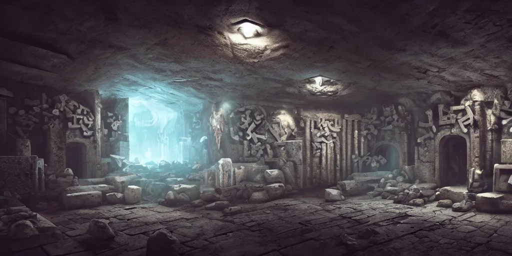 Image similar to ancient catacombs, dark fantasy, sigils, runes, magic, cinematic, graffiti art, scifi, fantasy, hyper detailed, octane render, ue 5