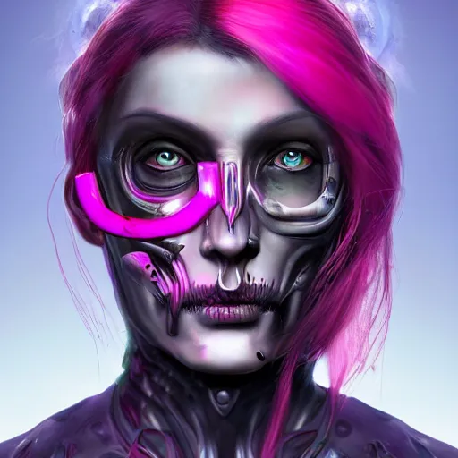 Prompt: a digital painting of a woman with pink hair with a skull on her face, cyberpunk art by android jones, zbrush central contest winner, gothic art, apocalypse art, darksynth, zbrush