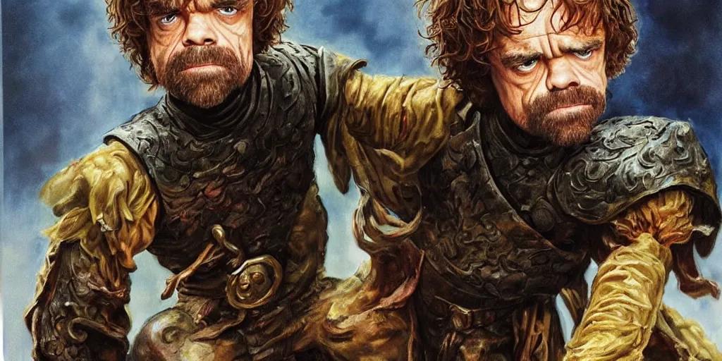 Image similar to exhausted Tyrion Lannister portrayed by Peter Dinklage after a dragon battle, epic stance posing, very epic painting by Boris Vallejo