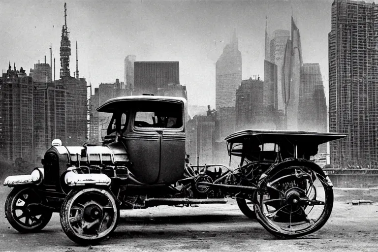 Image similar to cyberpunk 1 9 0 8 model ford t by paul lehr, metropolis, parked by view over city, vintage film photo, robotic, black and white photo