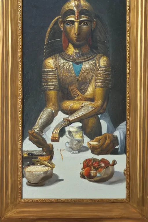 Prompt: portrait of Horus sitting at a table, oil painting by wilson mclean, sharp focus, masterpiece, highly detailed