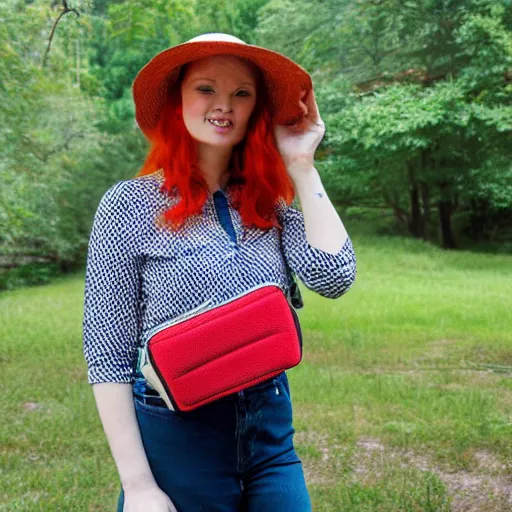 Prompt: red headed woman wearing a wide brimmed straw hat and a fanny pack