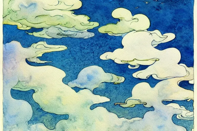 Prompt: watercolor clouds in sky art by kay nielsen and walter crane, illustration style, watercolor