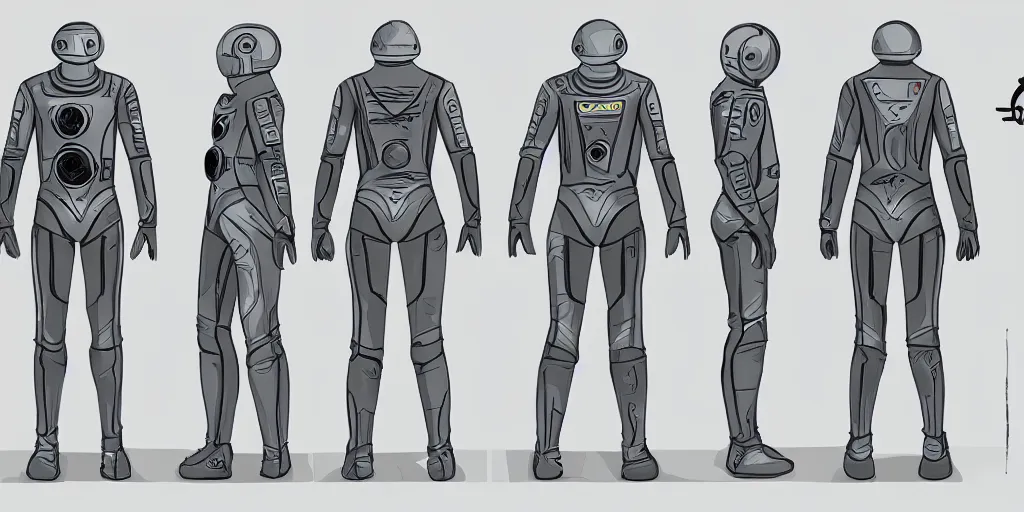 Image similar to male, space suit, character sheet, concept art, stylized, large shoulders, short torso, long thin legs, exaggerated proportions, concept design