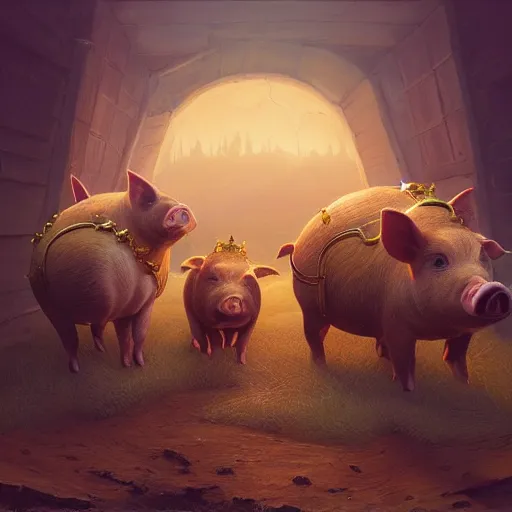 Prompt: an epic painting of the team of pigs wearing gold crowns, oil on canvas, golden hour, perfect composition, golden ratio, beautiful detailed, photorealistic, digital painting, artstation, concept art, smooth, sharp focus, illustration, fantasy background, artstation trending, octane render, unreal engine