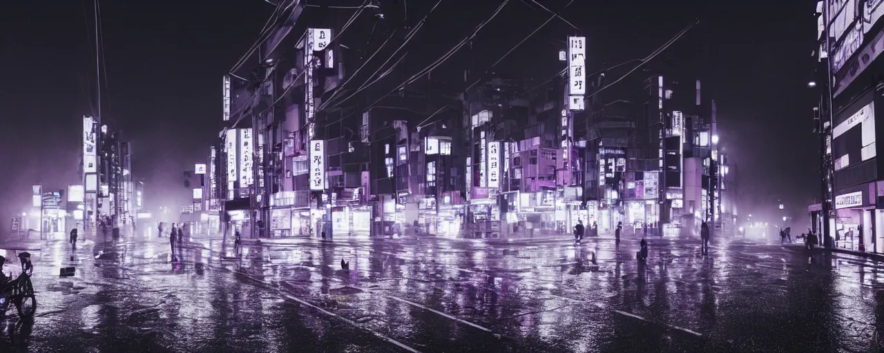 Image similar to a rainy Tokyo, fog surrounding the streets, midnight, neon lights, cinematic lighting, cineovision, purple clouds surrounding the dark sky