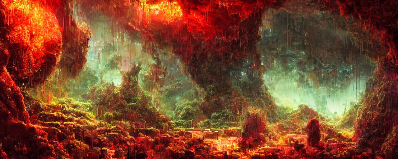 Image similar to ” mycelium, roots, deep cavern, [ moist, wet, cinematic, detailed, epic, widescreen, opening, establishing, mattepainting, photorealistic, realistic textures, octane render, art by paul lehr ] ”