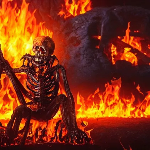 Prompt: the grim ripper contemplating his work after harvesting the soul of the living. fire all around. realistic, high detail