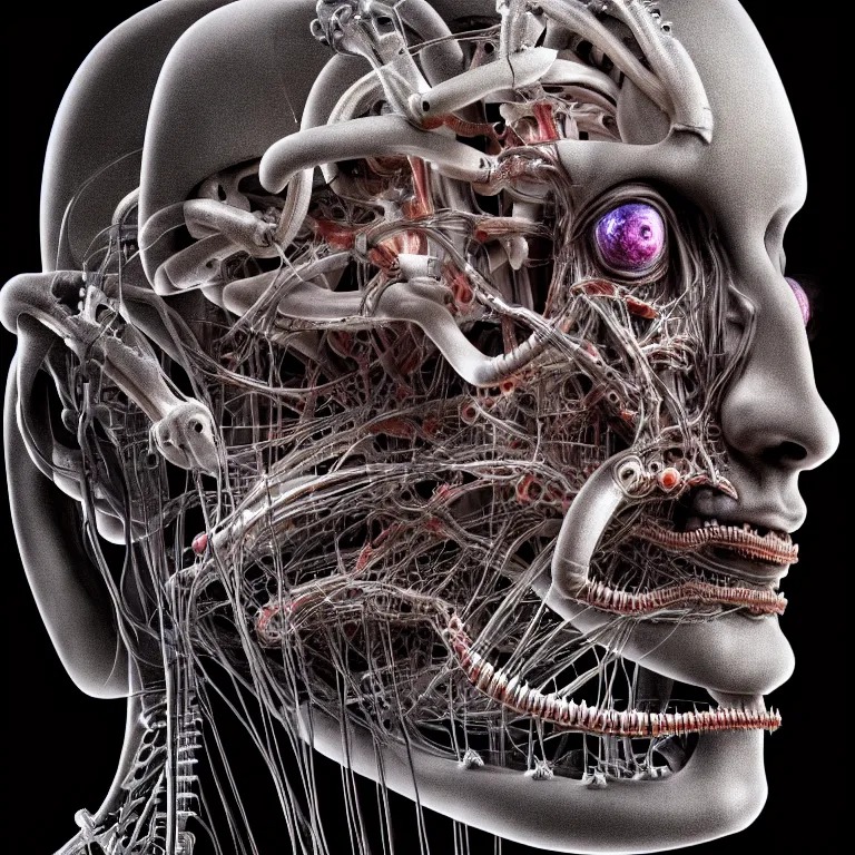 Image similar to portrait of neural nightmares by yoshitaka amano and HR Giger, detailed face face face face, facial structure, hd, 8k, very very very very electronic, biomechanical, biology, bio, neural machine