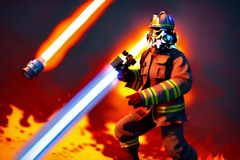 Image similar to heroic firefighter, screenshot in a typical disney infinity 3 star wars style, artstation, volumetric lighting, subsurface scattering, octane render, by josh black