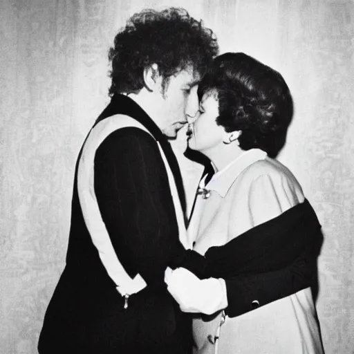 Image similar to bob dylan kissing queen elizabeth, photograph, high detail