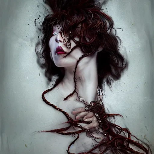 Image similar to portrait of a Shibari rope wrapped face and neck, headshot, insanely nice professional hair style, dramatic hair color, digital painting, of a old 13th century, traveler, amber jewels, baroque, ornate clothing, scifi, realistic, hyperdetailed, chiaroscuro, concept art, art by Franz Hals and Jon Foster and Ayami Kojima and Amano and Karol Bak,