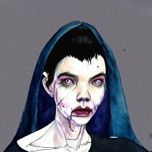 Image similar to full body detailed watercolor illustration of alien anya taylor - joy mixed with jennifer connelly, unsettling, hooded long black feathered cloak, uncanny valley, with black feathers instead of hair, gothic, reading a book, guillermo del toro, gray mottled skin, pale and sickly, profile view, - - ar 9 : 1 6