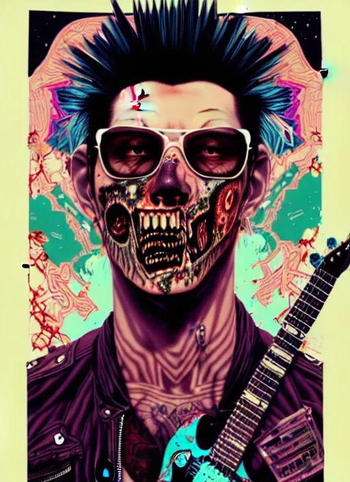 Prompt: a zombie punk rocker with a mohawk playing electric guitar, tristan eaton, victo ngai, artgerm, rhads, ross draws, cinematic by francis tneh