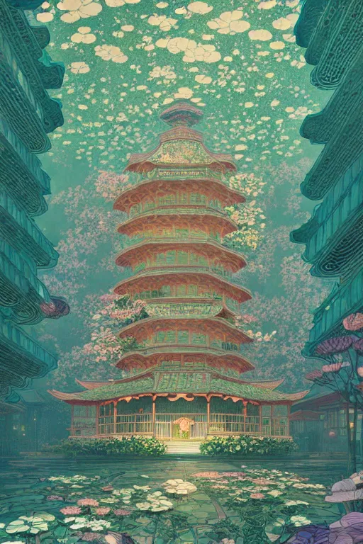 Image similar to a beautiful hyperdetailed matte illustration victo ngai style of absolutely beautiful blooming flower house, from china, perfectly shaded, atmospheric lighting, style of studio ghibli, makoto shinkai, raphael lacoste, louis comfort tiffany, artgerm, james jean, ross tran, chinese style