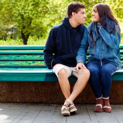 Prompt: a couple sitting on a park bench, detailed faces