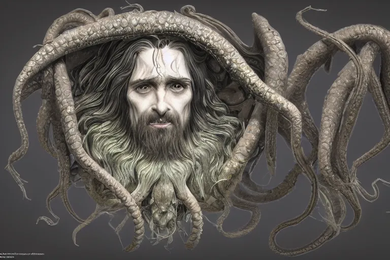 Image similar to A Cthulu-Jesus crossbreed, illustrated by Antoine Verney-Carron and J. Lesaffre, trending on artstation, 4k, 8k, artstation 3d render, artstation 3d, artstation graphics, artstation lighting