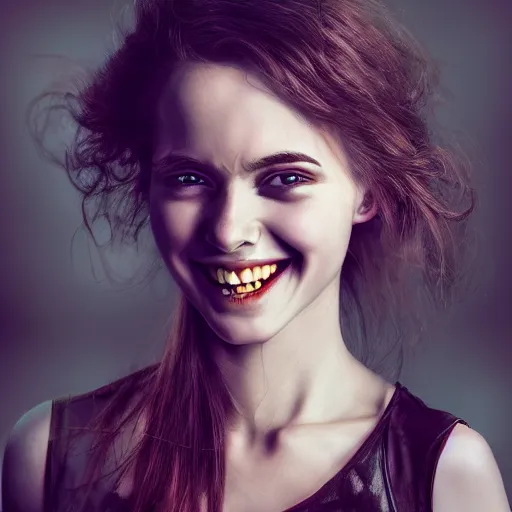 Prompt: cinematic shot of a vampire young woman smiling, epic portrait, hyper realistic, detailed face, seduction, pretty, hyper detailed, super realistic, perfect lighting pixel sorting, style sheet