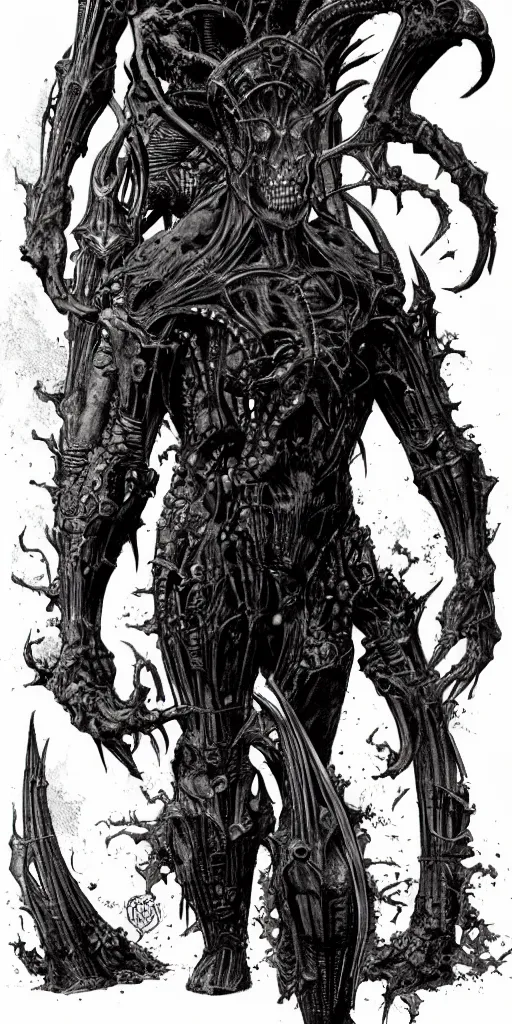 Image similar to A full body portrait of a new antihero character art by Marc Silvestri, Cedric Peyravernay and H.R. Giger, cosmic horror, ominous, mysterious