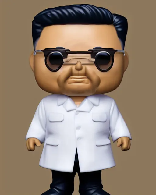 Prompt: full body 3d render of kim yong-un as a funko pop, studio lighting, white background, blender, trending on artstation, 8k, highly detailed