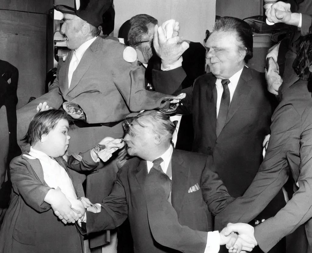 Prompt: Eric Cartman from South Park shaking hands with Richard Nixon, close-up photograph