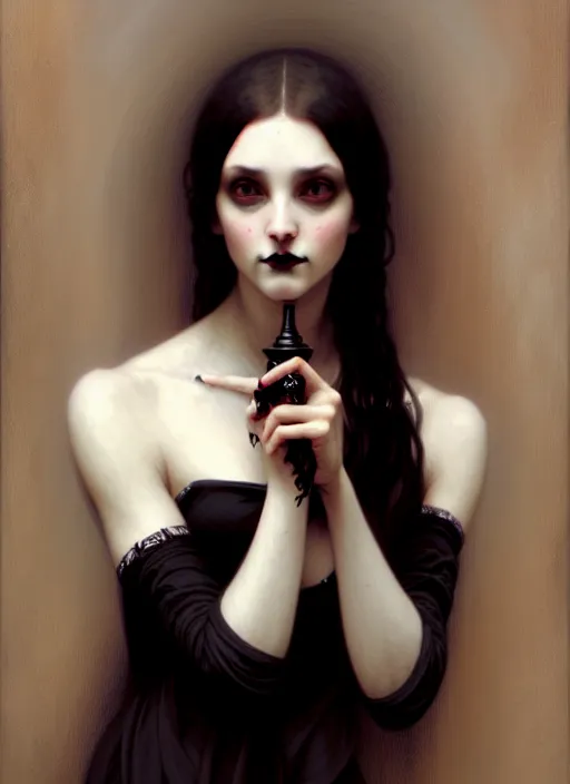 Prompt: character concept portrait of a gothic girl looking in a mirror with a skull reflection, victorian, intricate, elegant, digital painting, concept art, smooth, sharp focus, illustration, by Ruan Jia and Mandy Jurgens and William-Adolphe Bouguereau, Artgerm