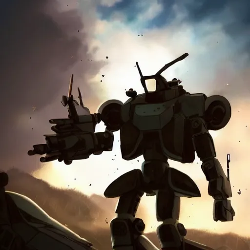 Prompt: a mech with guns on each arm preparing for combat, battlefield, dead trees, fire, smoke, dark clouds, slightly sunny, ominous, intense, epic, extremely detailed, cinematic lighting, studio ghibli, anime, steampunk,