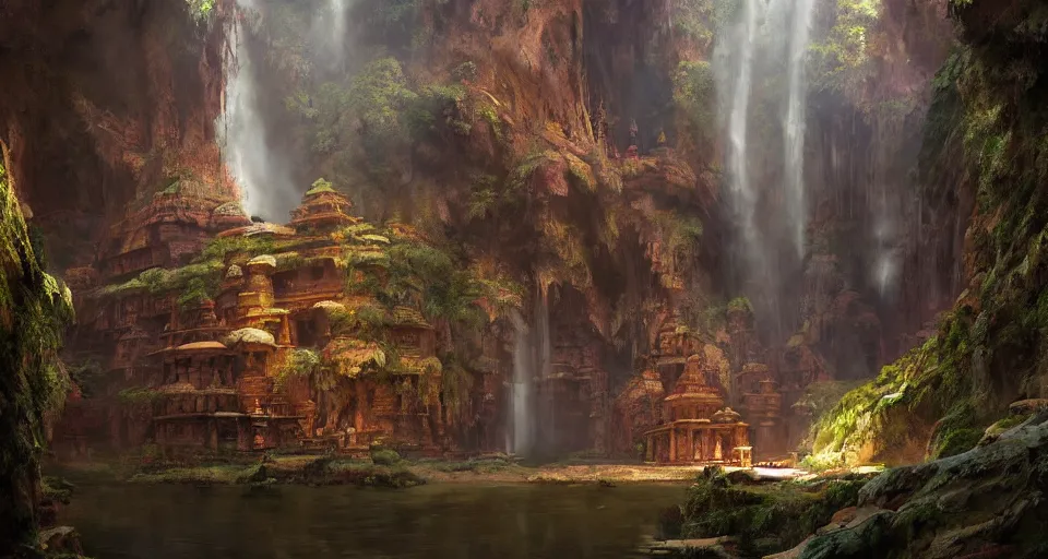 Image similar to indian ancient temple hidden looks like a lotus in a cave waterfalls around, realistic concept art, eytan zana, one pixel brush, by eugene von guerard, ivan shishkin, dramatic lighting, concept art, trending on artstation