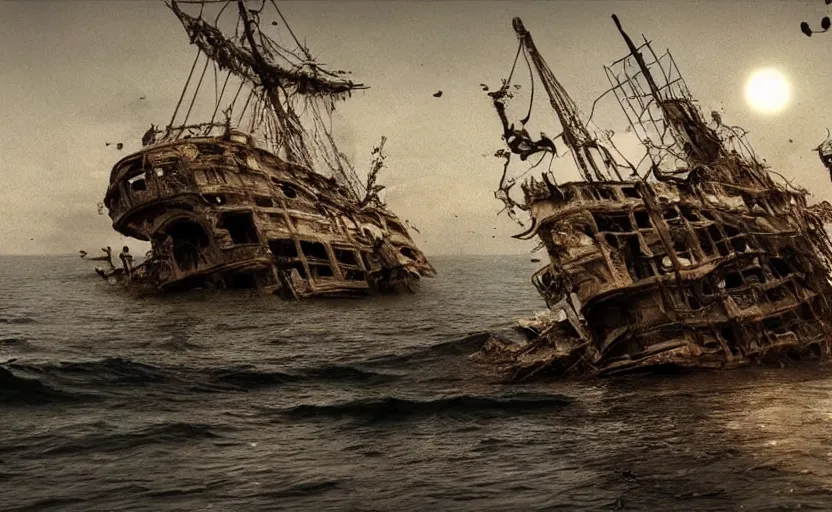 Image similar to “Pirate ship wreck falling off a Floating island from the sky, 4k, cinematic, award winning”