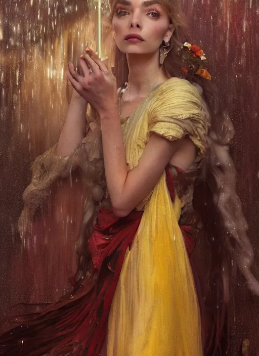 Prompt: a realistic detail portrait of a beautiful queen look like Anya taylor-joy in middle earth, raining, thunder, magic, dragon, oil painting by Alphonse mucha, Julian calle, wlop, greg rutkowski, Finnian MacManus, Syd mead Trending on artstation, red and yellow scheme, 8k, Unreal Engine