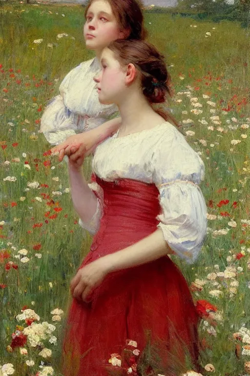 Prompt: Solomon Joseph Solomon and Richard Schmid and Jeremy Lipking victorian genre painting portrait painting of a young cottagecore girl in an open field of flowers, red background