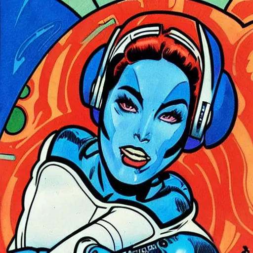 Image similar to an alien woman with blue skin and red hair, floating in space. she is an astronaut, wearing a space suit. well composed, clean elegant painting, beautiful detailed face. comic book art by steve ditko and jack kirby and ( alphonse mucha )