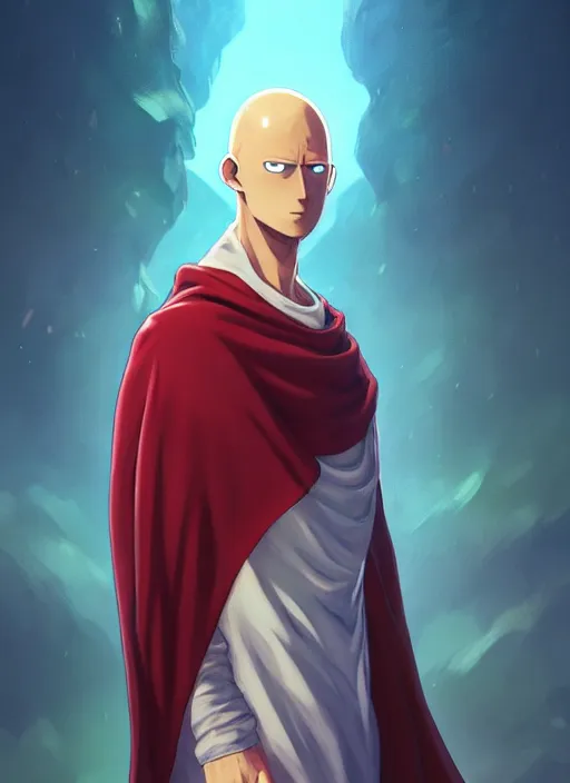 Image similar to handsome saitama, epic cape, half body shot, path traced, highly detailed, high quality, digital painting, alena aenami, lilia alvarado, shinji aramaki, karol bak, alphonse mucha, tom bagshaw