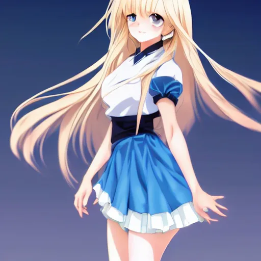 Image similar to a very beautiful anime grown girl, full body, long wavy blond hair, sky blue eyes, full round face, short smile, fancy top, miniskirt, front view, medium shot, mid-shot, highly detailed, cinematic wallpaper by Stanley Artgerm Lau