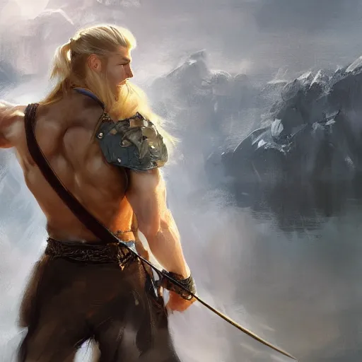 Prompt: rear side portrait of a muscular, ponytail haired blonde man with a steel left arm, wearing a brown leather coat, ponytail hair, DnD, fantasy, digital art by Ruan Jia