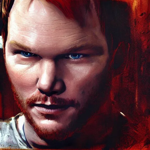 Image similar to chris pratt and the doll chucky, oil painting, by greg rutkowski