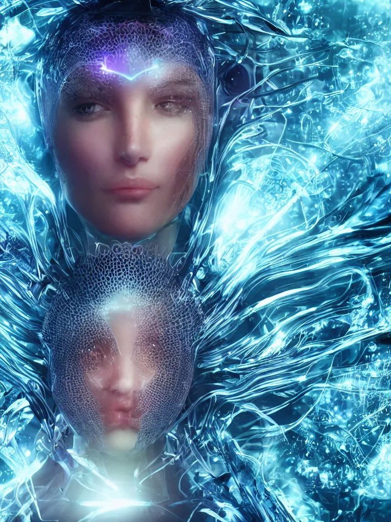 Image similar to epic futuristic close-up macro portrait of the face of a beautiful queen, epic angle and pose, symmetrical artwork, 3d with depth of field, blurred background, cybernetic jellyfish crystal, obsidian, female face skull phoenix bird, translucent, nautilus, energy flows of water and fire. a highly detailed epic cinematic concept art CG render , made in Maya, Blender and Photoshop, octane render, excellent composition, cinematic dystopian brutalist atmosphere, dynamic dramatic cinematic lighting, aesthetic, very inspirational, arthouse, by Greg Rutkowski, Ilya Kuvshinov, WLOP, Stanley Artgerm Lau, Ruan Jia and Fenghua Zhong.