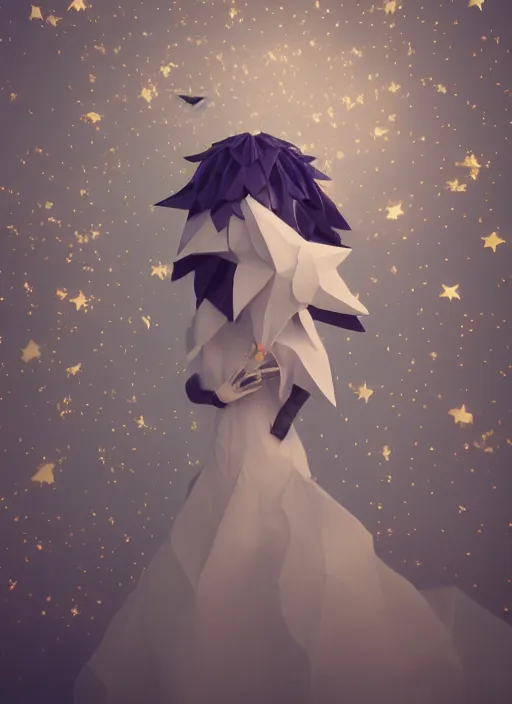 Prompt: background edge of space with puffy clouds are dusk, anthropomorphic paper woman wrapped in a flowing couture tissue paper, paper chrysanthemums, many origami stars, eery light, 3 d, very detailed, octane render, trending artstation, artgem