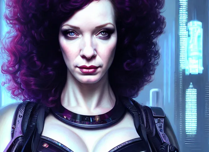 Image similar to portrait shot of a christina hendricks wearing cyberpunk clothing in cyberpunk 2 0 7 7, intricate, elegant, highly detailed, centered, digital painting, artstation, concept art, smooth, sharp focus, illustration, artgerm, tomasz alen kopera, peter mohrbacher, donato giancola, joseph christian leyendecker, wlop, boris vallejo