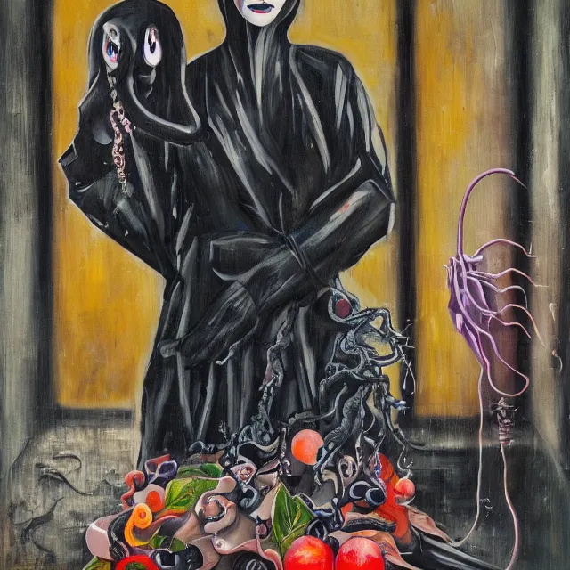 Image similar to a portrait in a dark apartment, rats, a widow holding an octopus, streetlamps, wet, puddles, wild berries, ikebana, neo - expressionism, surrealism, acrylic and spray paint and oilstick on canvas