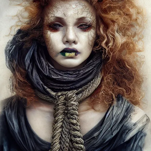 Image similar to portrait of a Shibari rope wrapped face and neck, headshot, insanely nice professional hair style, dramatic hair color, digital painting, of a old 13th century, traveler, amber jewels, baroque, ornate clothing, scifi, realistic, hyperdetailed, chiaroscuro, concept art, art by Franz Hals and Jon Foster and Ayami Kojima and Amano and Karol Bak,