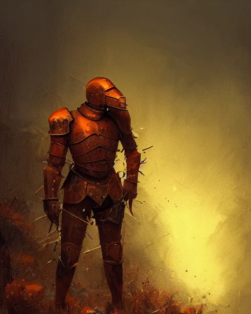 Image similar to Hyper realistic painting of a knight in a rusted full plate armor, green and orange rust, hyper detailed, thunderstorm, midnight, volumetric lighting, creepy atmosphere, by greg rutkowski