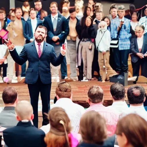 Image similar to a miniature pig in a suit giving a speech in front of a crowd of people