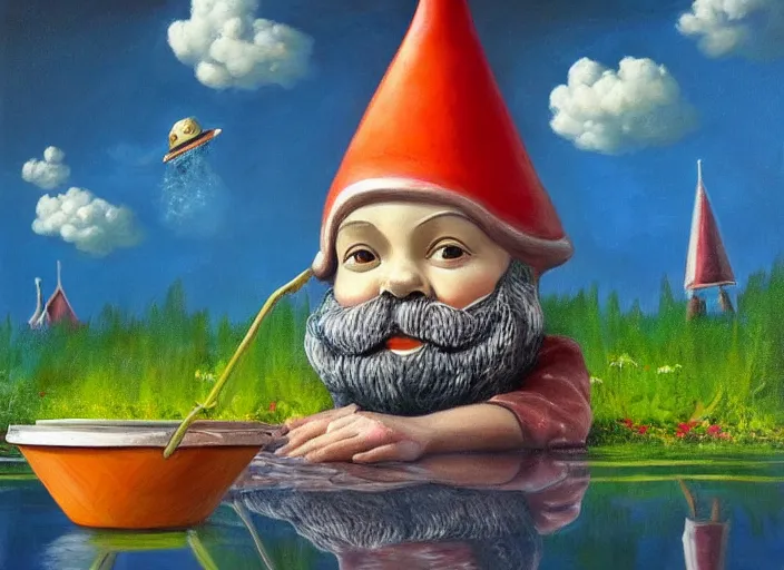 Image similar to a garden gnome sailing in a bucket, whimsical background of a reflective pond on a sunny day with dramatic clouds, an ultrafine detailed painting by mark ryden, trending on deviantart, pop surrealism, whimsical, lowbrow, joyous, perfect symmetrical face