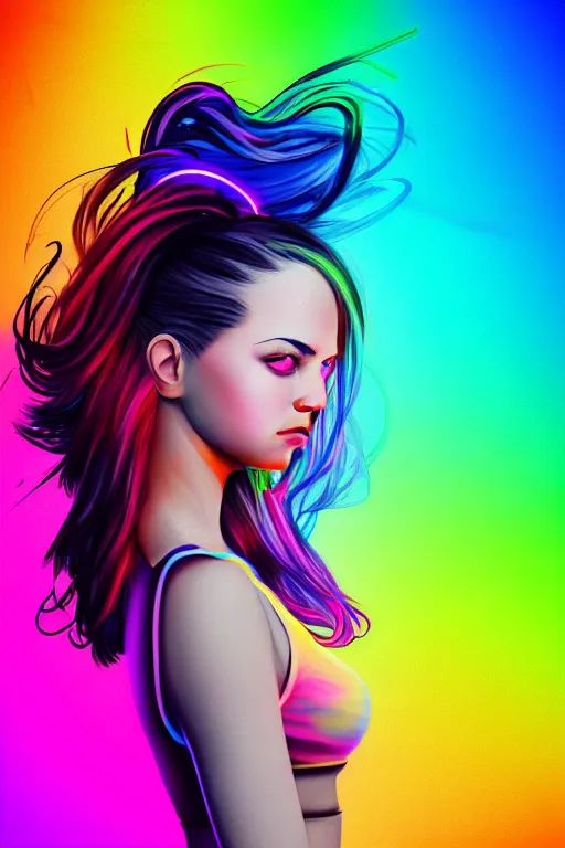 Image similar to a award winning half body portrait of a beautiful woman with stunning eyes in a croptop and cargo pants with rainbow colored ombre hairstyle head in motion and hair flying by thomas danthony, surrounded by whirling illuminated neon lines, outrun, vaporware, shaded flat illustration, digital art, trending on artstation, highly detailed, fine detail, intricate