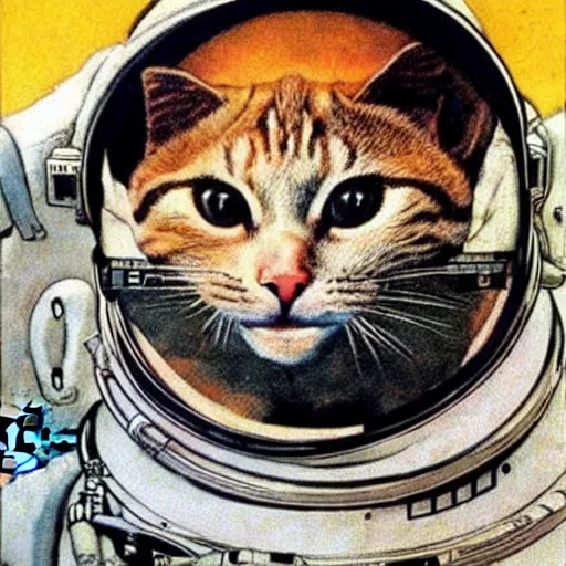 Prompt: an astronaut with a cats head, space, art by Norman Rockwell